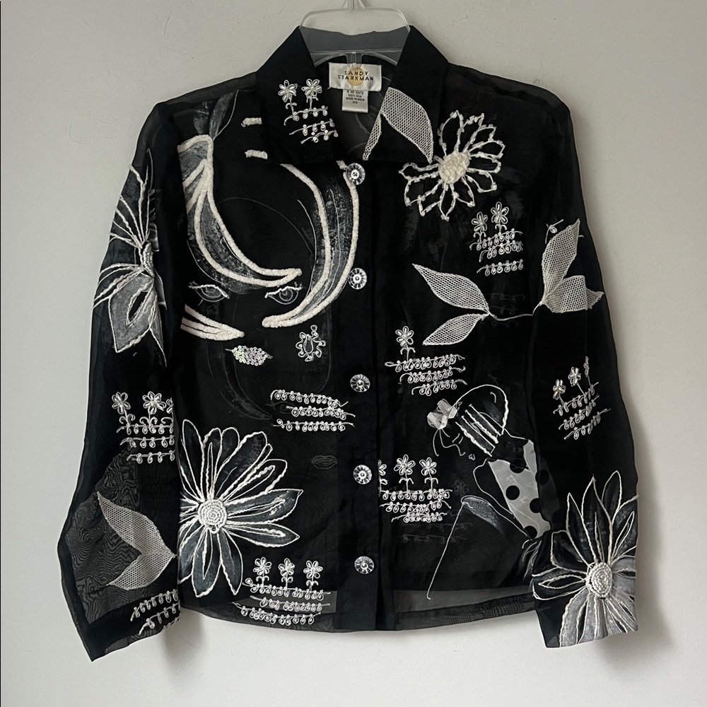 SANDY STARKMAN Sheer Black Silk Embellished Blouse with Clear Buttons XS ®️